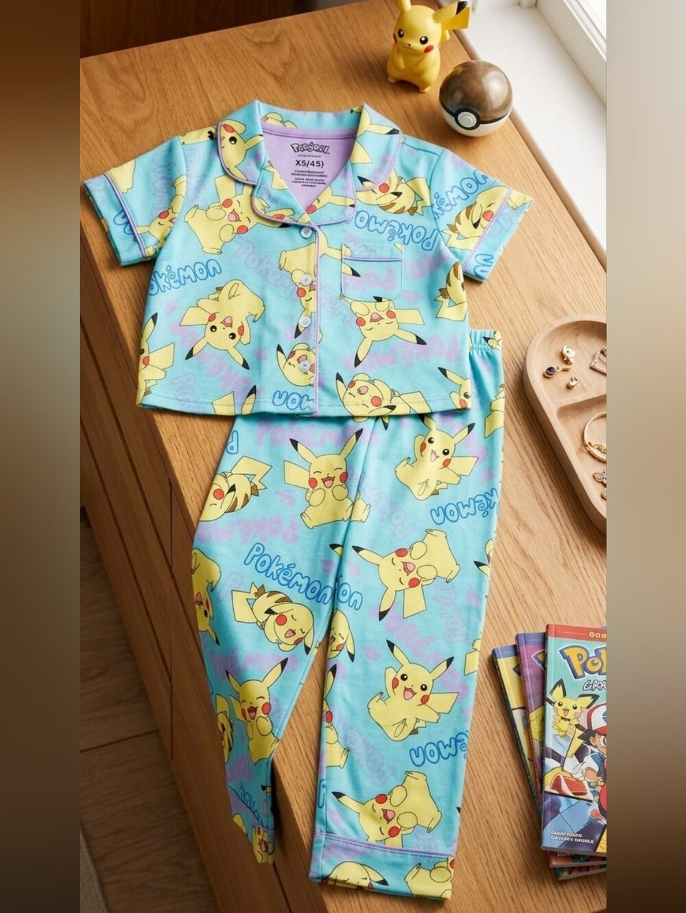 Pokemon Girls Button Front Top and Pants Pajama Set,